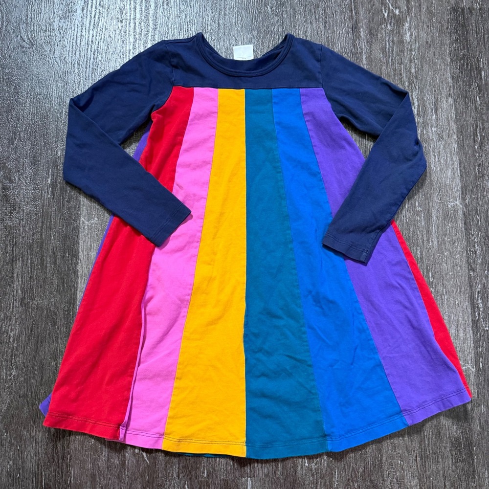 Hanna Andersson Dress Girls 8 130cm Navy Rainbow Stripe Long Sleeve A-Line